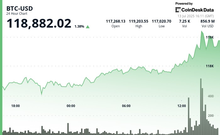 Биткойн достигает $119K, но XLM и HBAR остаются в тени его роста