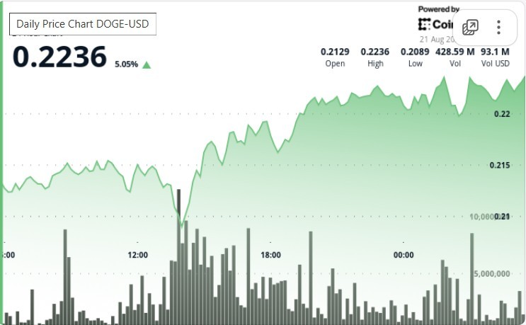 Кити накопичують Dogecoin, спонукаючи V-подібне відновлення з мінімуму $0.21 до $0.22, незважаючи на ризики атаки Qubic.