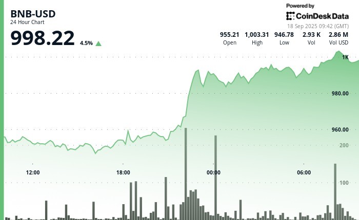 BNB достиг исторического максимума в $1,000 на фоне переговоров Binance с Минюстом США и слухов о возвращении Чанпенга Чжао