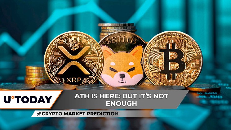 Bitcoin досягає нового максимуму, XRP на шляху до $5, а Shiba Inu бореться з опором на $0.000013